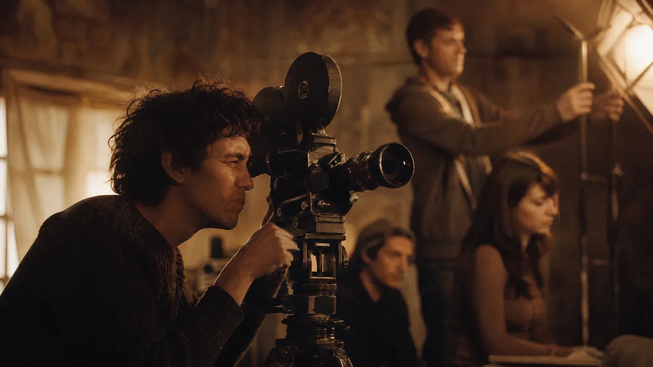 青年导演长片处女作专题配图：低成本片场中通过老式摄影机取景的青年导演